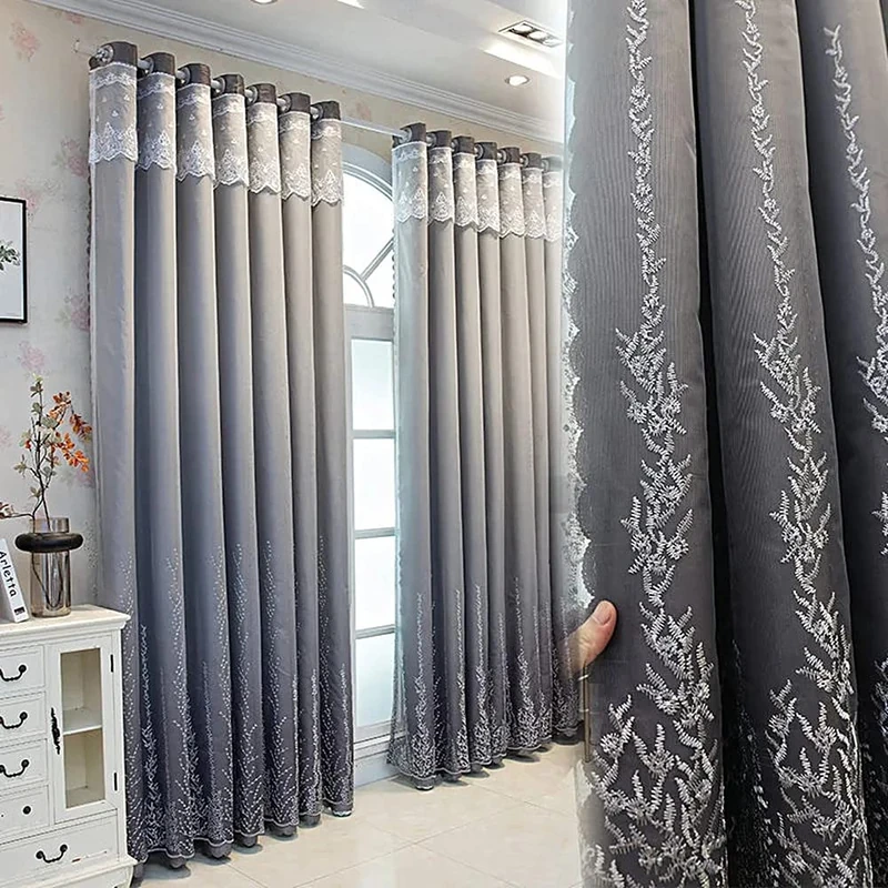 Amidoudou 1 Pair Double Layer Curtains for Living Room Gradient Coral Tree Pattern Embroidered Curtains for Bedroom (Grey,54x84 Inch)