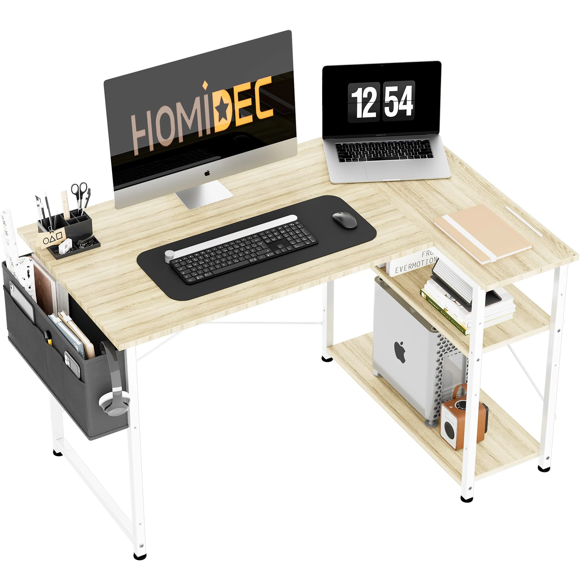 HOMIDEC L Shaped Desk 100CM Computer Desk Study Office Table Writing Table With Bookshelf Reversible Corner Workstation For Home Office