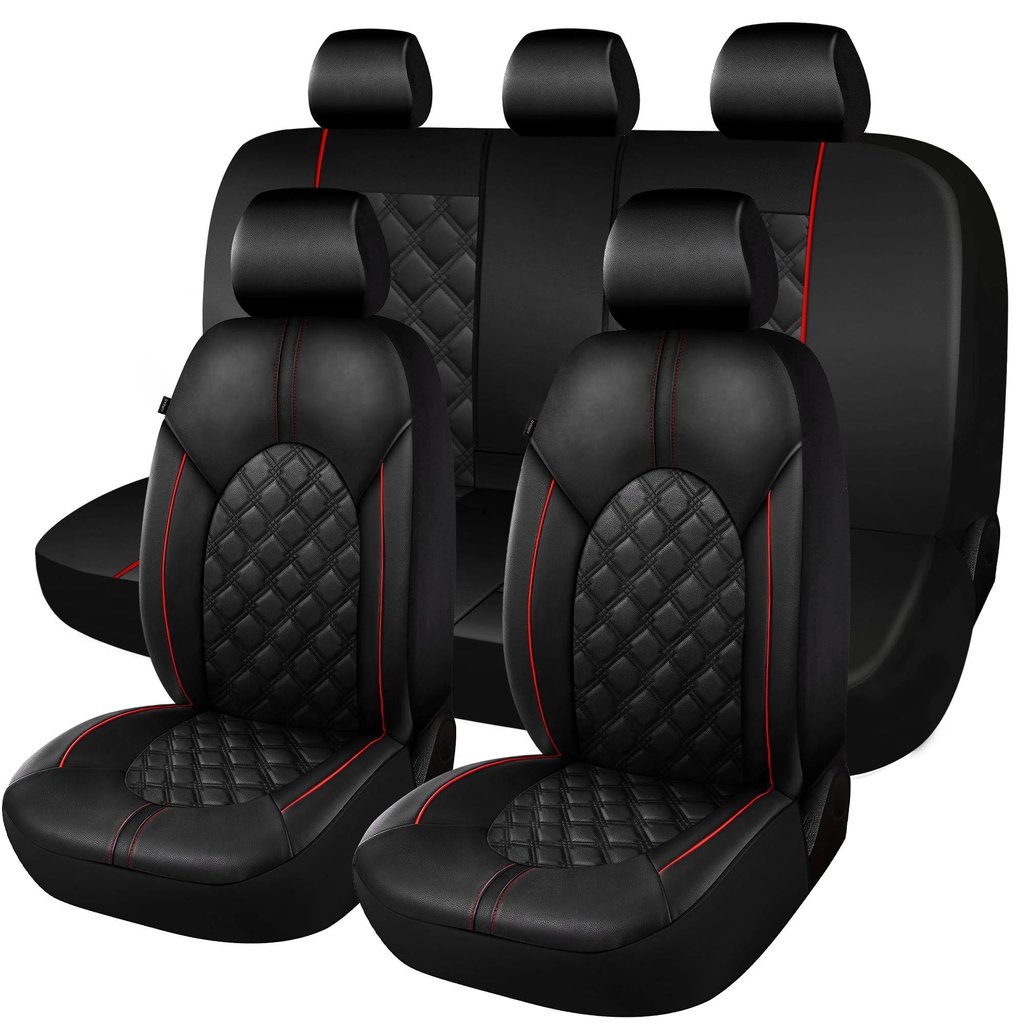CAROMOP Luxury PU Leather Car Seat Covers Full Set-Waterproof Seat Protectors with Split Bench Seat Covers for Cars-Universal Cars Interior Covers for Sedans, SUVs, Pick-up Trucks (Black/Red Line)