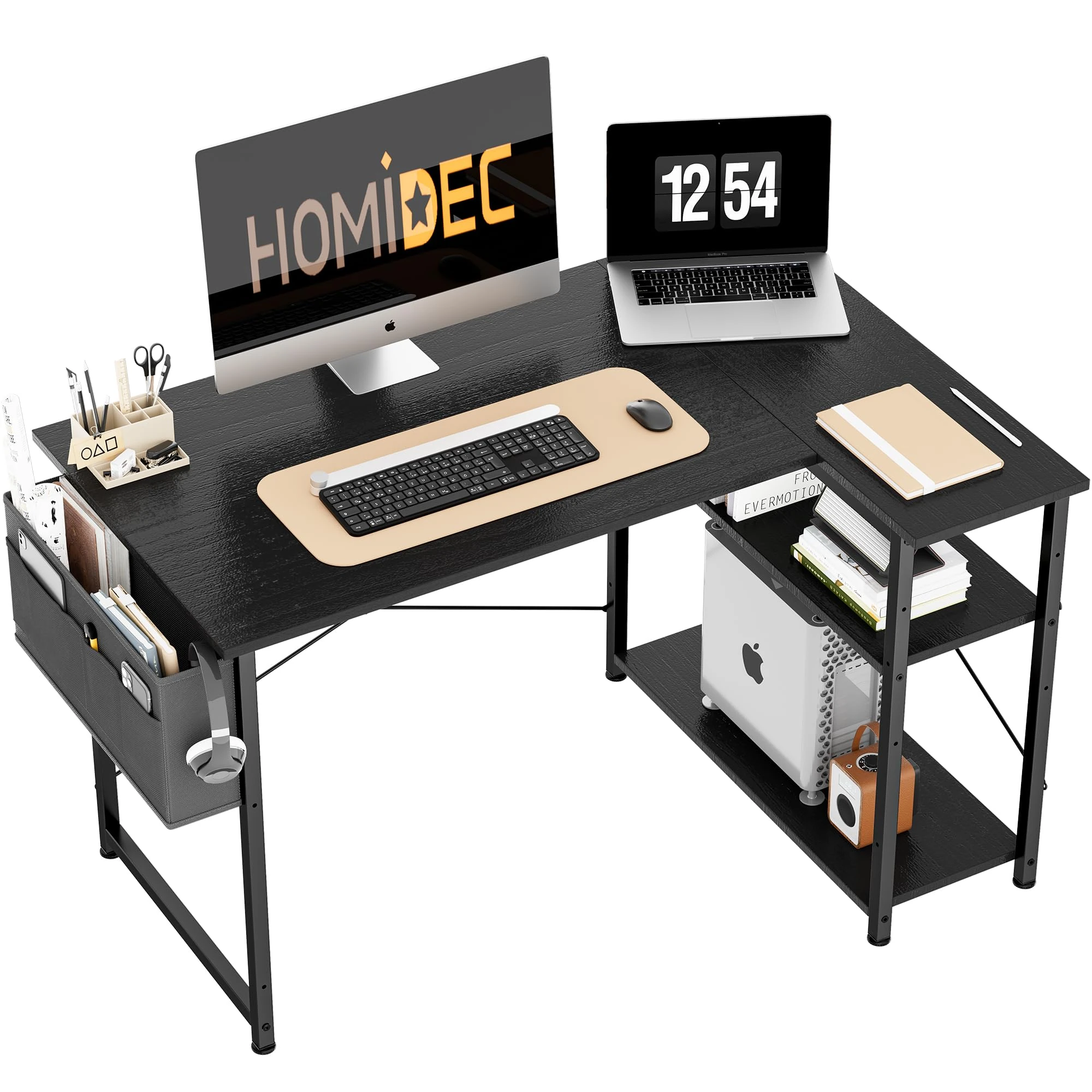 HOMIDEC L Shaped Desk 100CM Computer Desk Study Office Table Writing Table With Bookshelf Reversible Corner Workstation For Home Office