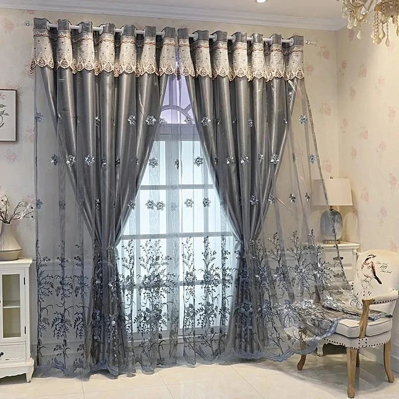 Amidoudou 1 Pair European Double Layer Curtains for Living Room Bedroom Luxury Flower Embroidered Curtains with Valance (Grey,54x96 Inch)