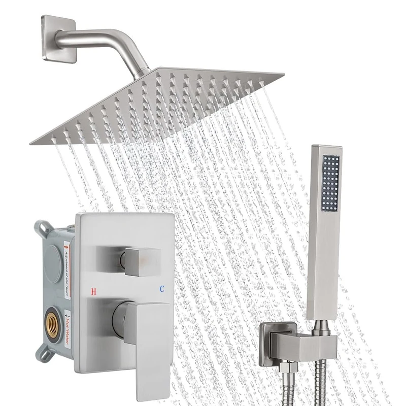 YCAIKOI Brushed Nickel Shower System, 8 Inch High Pressure Rain Shower with Handheld Wall Mount Shower Faucet Set for Bathroom, Rough Valve Body and Trim Included