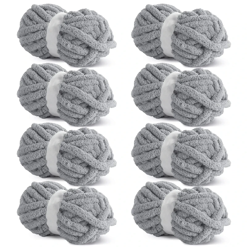 Hombys Light Grey Chunky Chenille Yarn for Crocheting and Knitting, 8 Jumbo Pack (27yds/8 oz Each Skein)