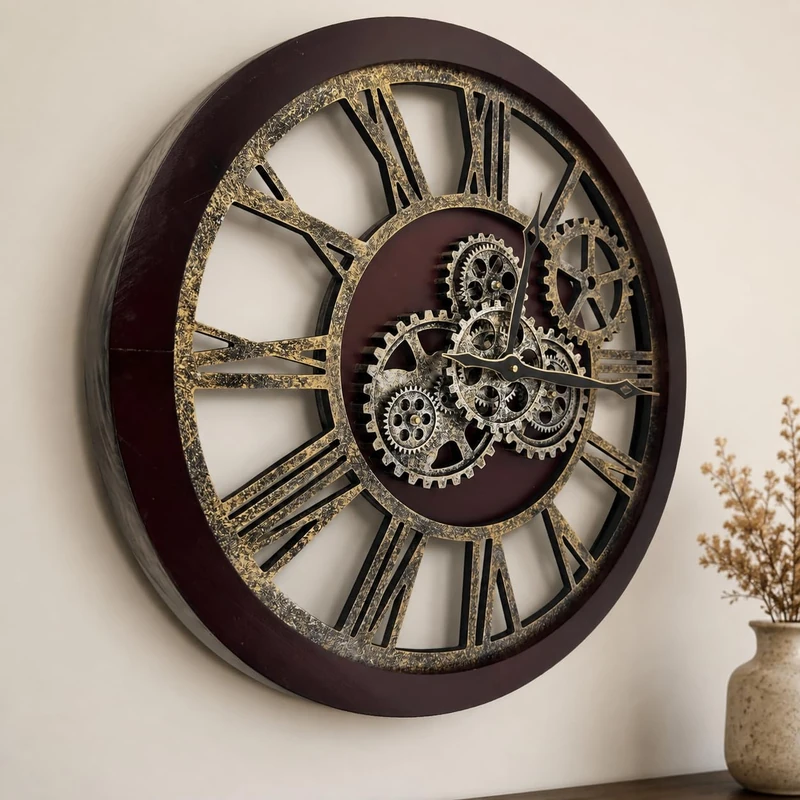 The B-Style Large Wall Clock 24 inch Moving Gear Wall Clock Oversized Vintage Farmhouse Wall Clocks for Living Room Decor Rustic Industrial Wood Clock (Cherry red and Bronze)