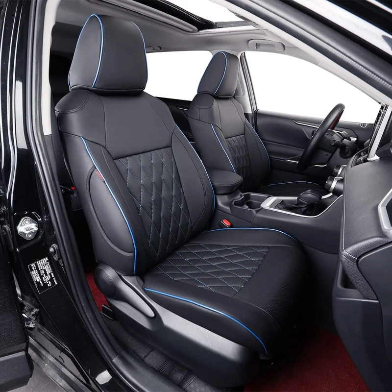 EKR Custom Fit RAV4 Hybrid Car Seat Covers for Select Toyota RAV4 Hybrid (Not for XSE&2022 2023 SE Hybrid) 2019 2020 2021 2022 2023 - Full Set,Leather(Black with Blue Piping)