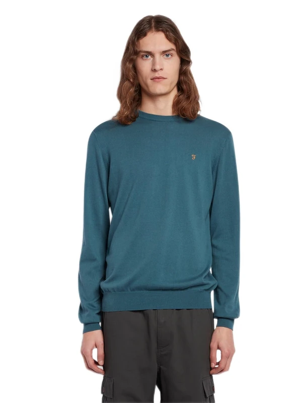 Farah - Men's Jumper, Mullen Crew Neck Sweater, Long Sleeve, Organic Cotton, Slim Fit, Ocean, XXL - Image 1