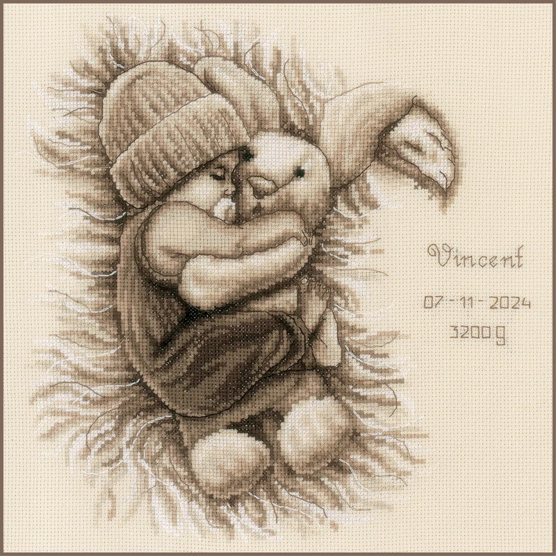 Vervaco Counted Point Kit Baby with Rabbit in Plush, Ecru, Approx. 29 x 29 cm - Image 1
