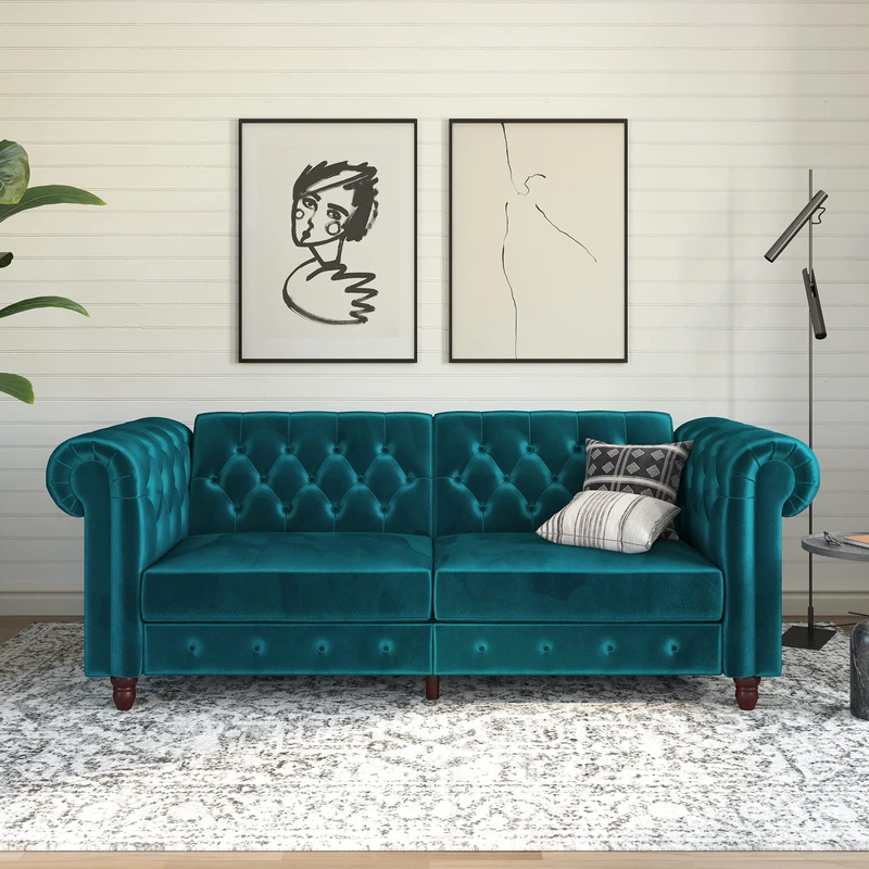 DHP Furniture Felix Chesterfield Sofa Bed Velvet Teal
