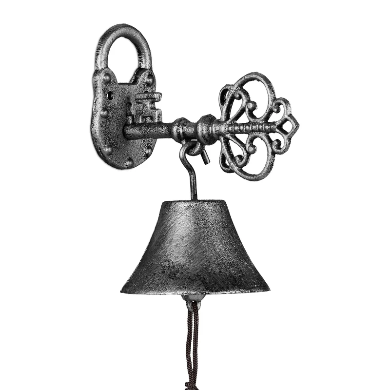 Relaxdays Cast Iron Door Bell, Antique Design, Hanging Doorbell with Key, for Outdoors, with Rope, Wall Mounted, Silver