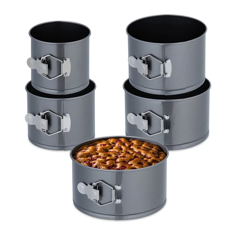 Relaxdays 5x Springform Pans, Round Baking Forms, Ø 12,14,16,18,20 cm, Stainless Steel, Non-stick Coating, Anthracite, Steel, 11 x 20 cm