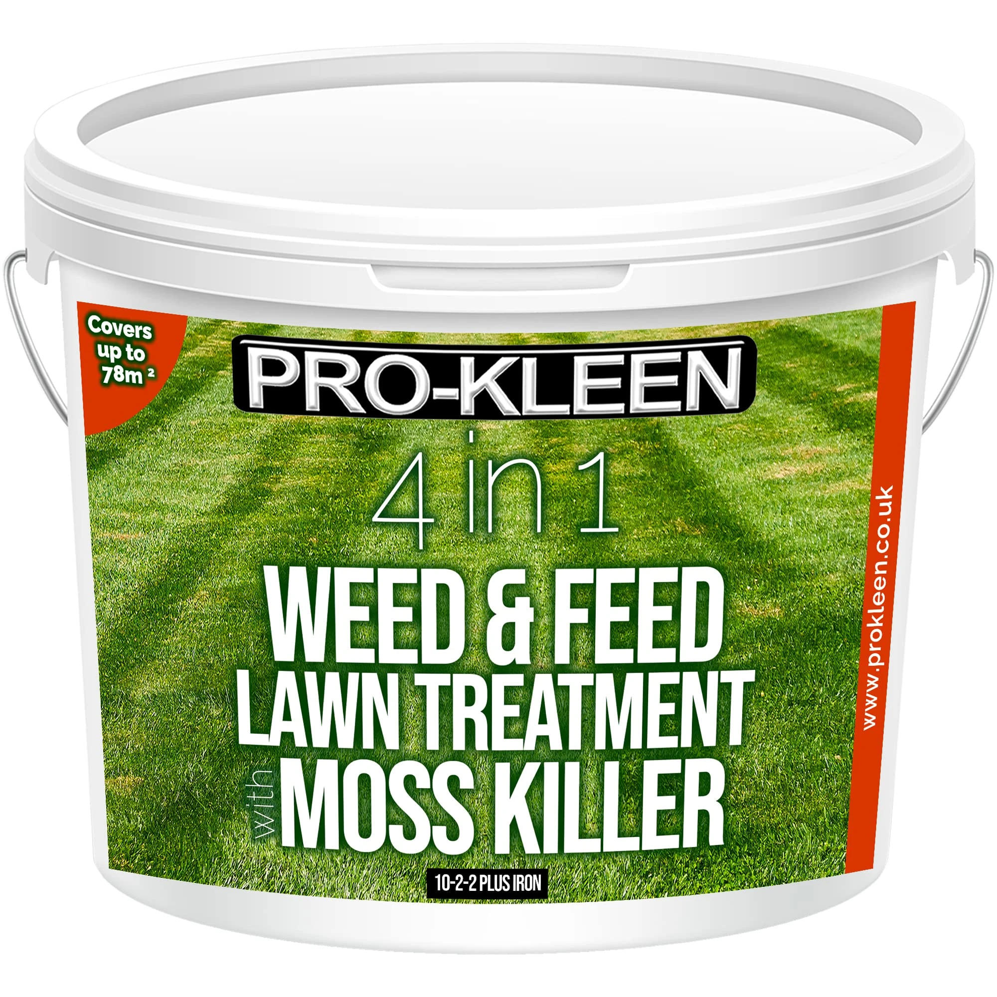 Pro-Kleen 4 in 1 Weed and Feed Lawn Treatment with Moss Killer - Greens Grass, Kills Weeds & Moss & Fertilises Grass - Apply from May-August - Covers up to 78m2 - (2.5kg)