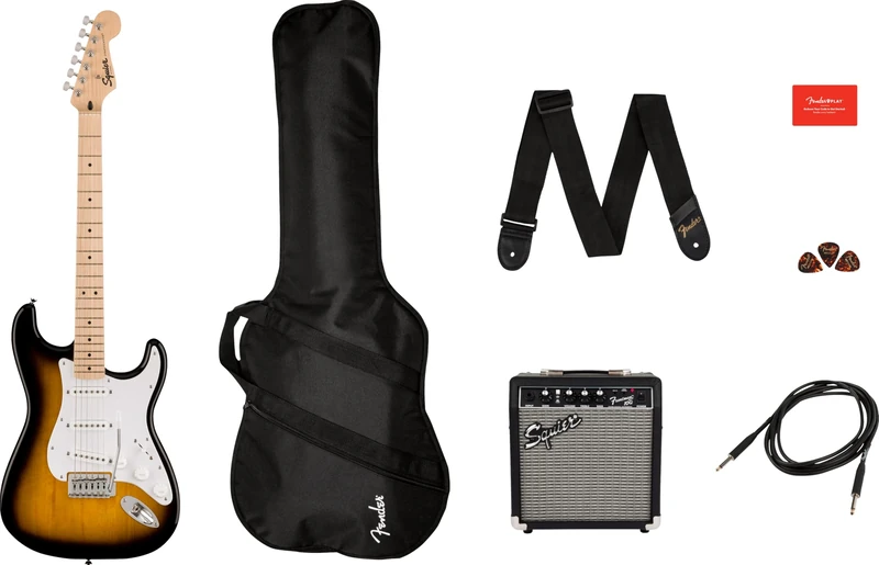 Squier by Fender Sonic Stratocaster Electric Guitar Pack, Maple Fingerboard in 2 Colour Sunburst, Gig Bag, Squier Frontman 10W Guitar Amp, Picks, Strap, Cable, Comes with Free Virtual Lessons