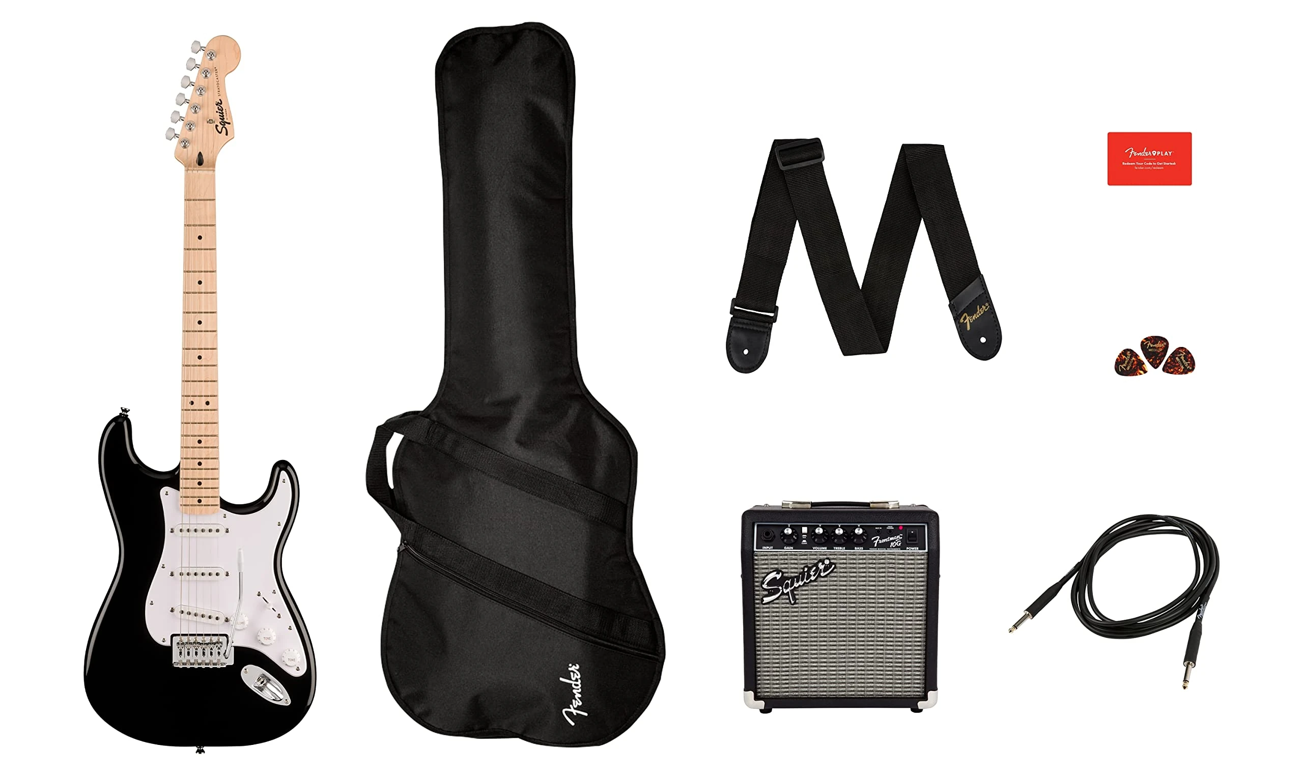 Squier by Fender Sonic Stratocaster Electric Guitar Pack, Maple Fingerboard in Black, Gig Bag, Squier Frontman 10W Amp, Picks, Strap, Cable, Comes with Free Virtual Lessons