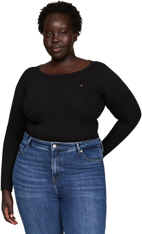 Tommy Hilfiger Women’s Long Sleeve Round Neck Slim Fit Top, Black (Black), M