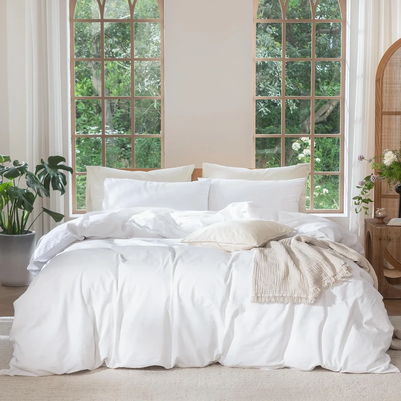 MOOMEE Bedding Duvet Cover Set 100% Washed Cotton Linen Like Textured Breathable Durable Soft Comfy (Solid Bright White, King 104"x90")
