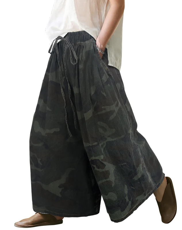 UQJE Women's Wide Leg Baggy Jeans Plus Size Loose Elastic Waist Denim Pants with Deep Pockets Light Blue, Camo, XL