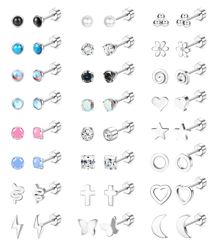 LOLIAS 24 Pairs Silver Flat Back Earrings For Women Girls Surgical Steel Titanium Screw Back Stud Earrings Cz Opal Moonstone Star Heart Pearl Flower Small Earring Helix Tragus Piercing Jewellery