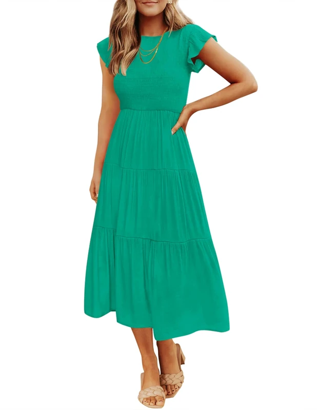 ZESICA Women's 2024 Summer Casual Flutter Short Sleeve Crew Neck Smocked Elastic Waist Tiered Midi Dress, Green, S