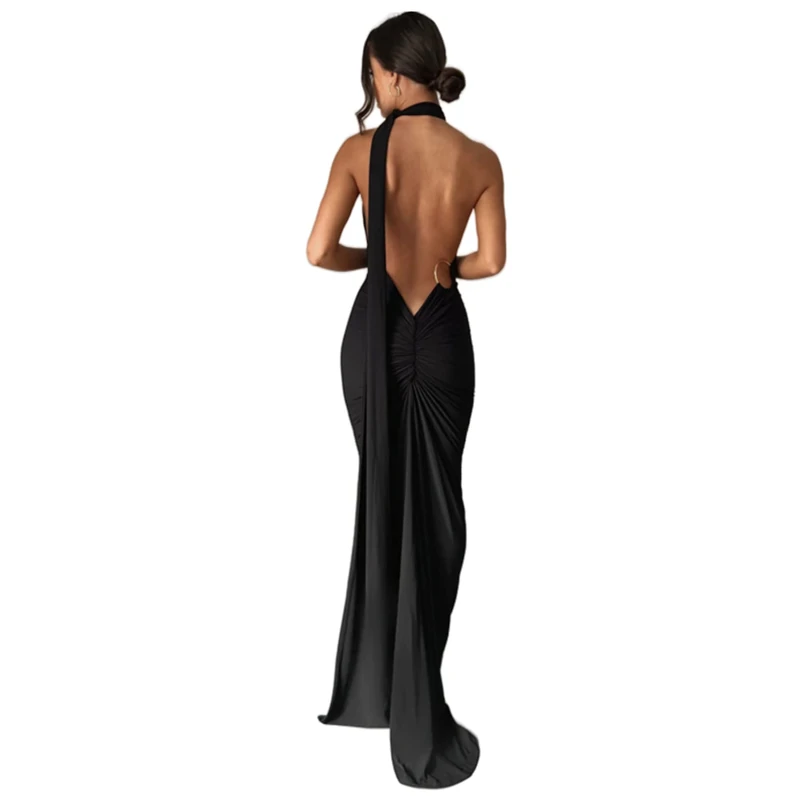 Women's Sexy One Shoulder Backless Maxi Dress Elegant Ruched O Ring Sleeveless Evening Dress Long Gown Cocktail Dress, Black, M