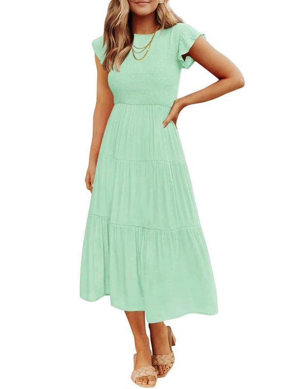 ZESICA, Women's Summer Casual Short Sleeve Ruffle Dress Round Neck Elastic Waist Ruched Tiered Dress for Women, Mint, M