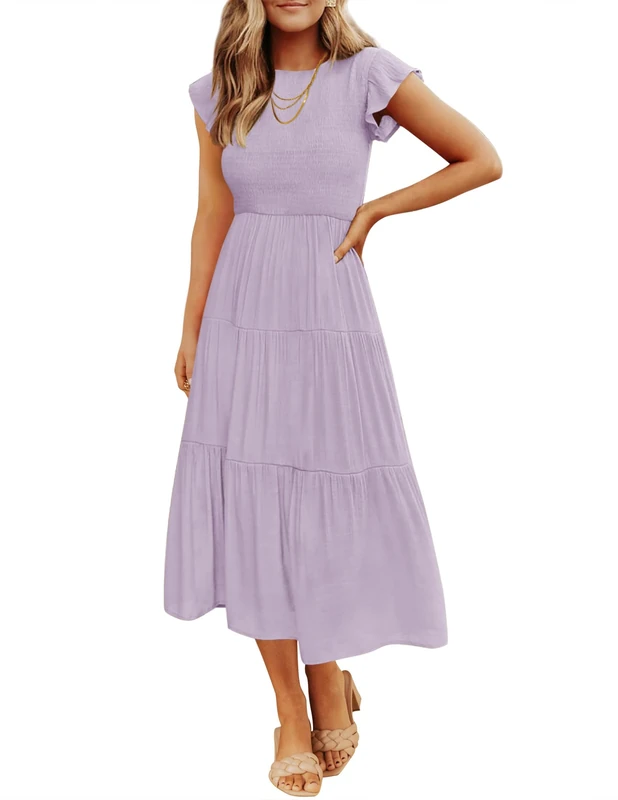 ZESICA Women's 2024 Summer Casual Flutter Short Sleeve Crew Neck Smocked Elastic Waist Tiered Midi Dress, Light Purple, L