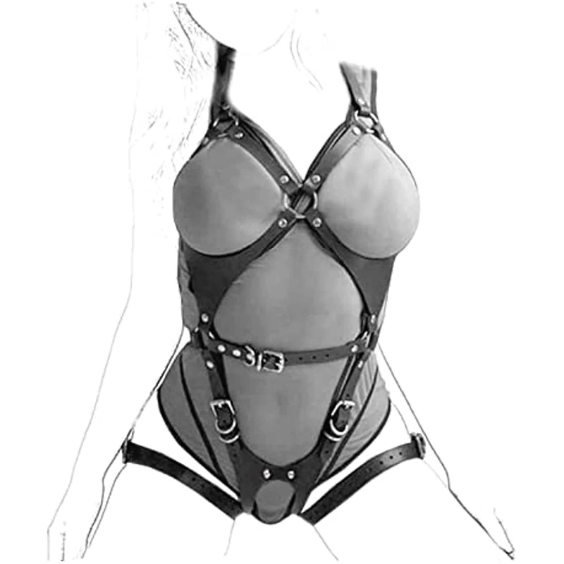 Iordan Women Faux Leather Bondage Body Belt Adjustable Belt Sexy Punk Strapless Strap Lingerie Garter Belts (F,Black)