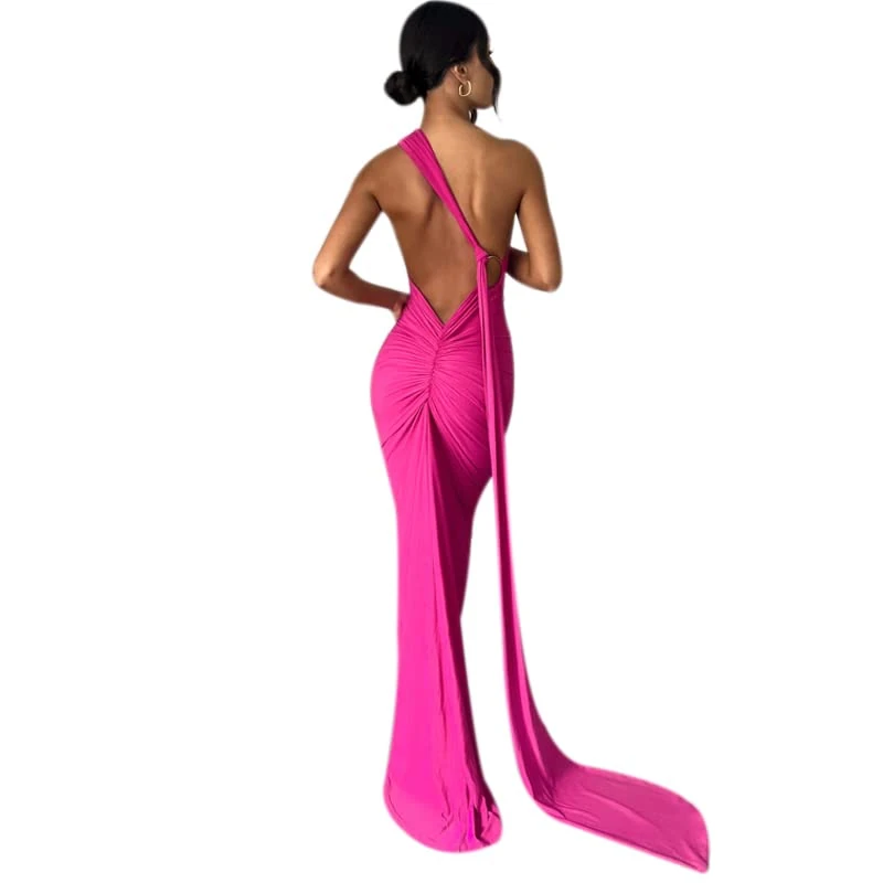 JUMISEE Women's Sexy One Shoulder Backless Maxi Dress Elegant Ruched O Ring Sleeveless Evening Dress Long Gown Cocktail Dress, Hot Pink, S