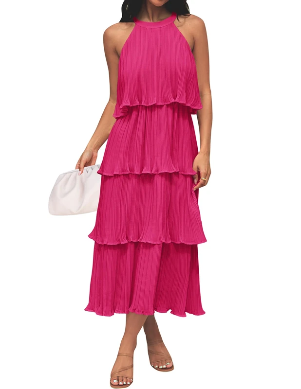 ZESICA Women's Summer Dress, Sleeveless Midi Dress with Halterneck, Ruffle, Tiered Layers, and Flowing Chiffon Swing Design, Rose, L