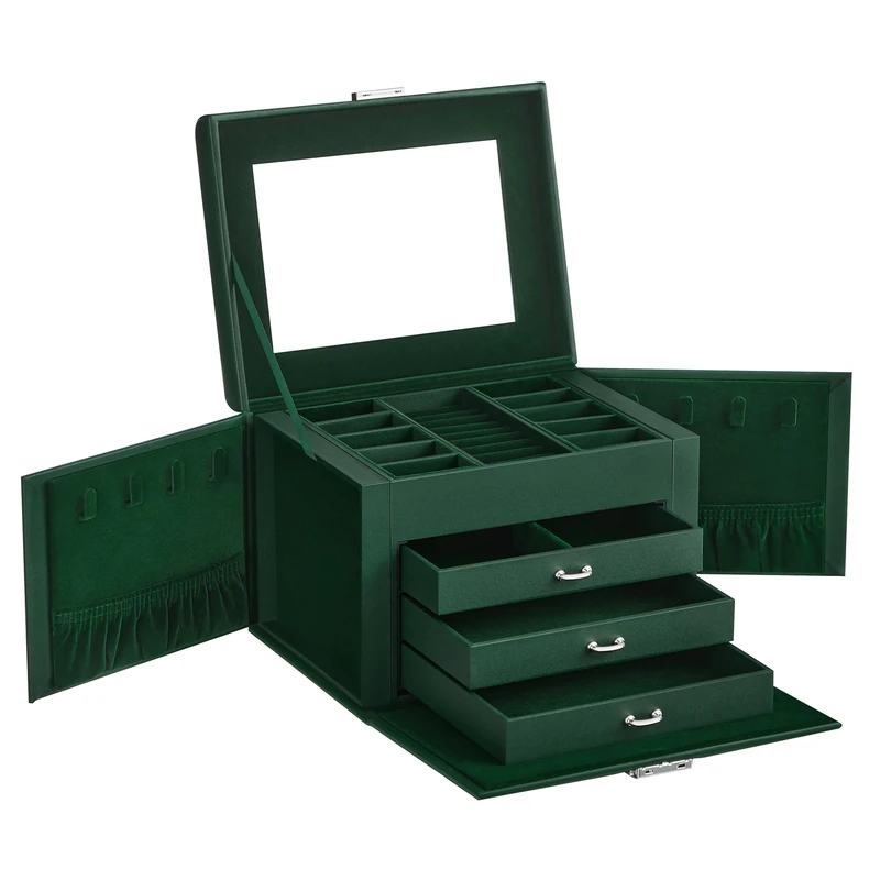 SONGMICS 4-Tier Jewellery Box, Lockable Jewellery Organiser with Handle, 3 Drawers, Travel Jewellery Case with Mirror, Jewellery Storage, Modern Style, Gift for Loved Ones, Retro Green JBC159C01