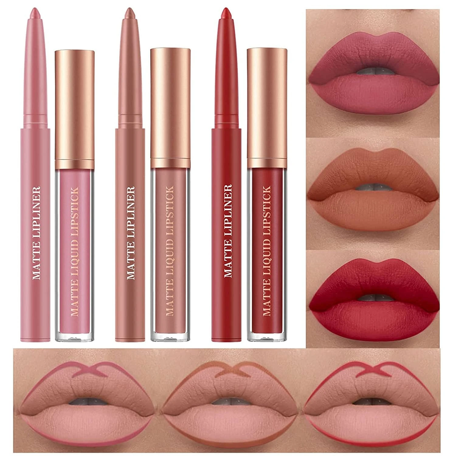 6PCS Matte Liquid Lipstick Lip Liner Set, Velvety Nude Lipgloss Waterproof Non-Stick Cup Not Fade Liquid Lipstick Lipliner Make Up Gift Set (Set F)