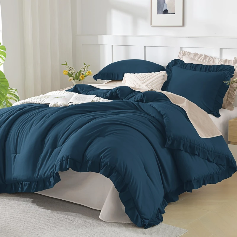 Andency Navy Blue Queen Comforter Set, 3 Pieces Boho Lightweight Solid Bedroom Bedding Sets for Queen Bed, Fluffy Soft Double Women Men Microfiber Bedding Set