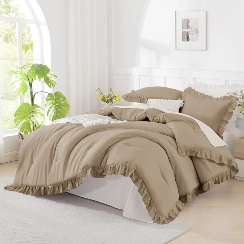 Andency Taupe Comforter Set Full Size, 3 Pcs Solid Ruffle Vintage Bedding