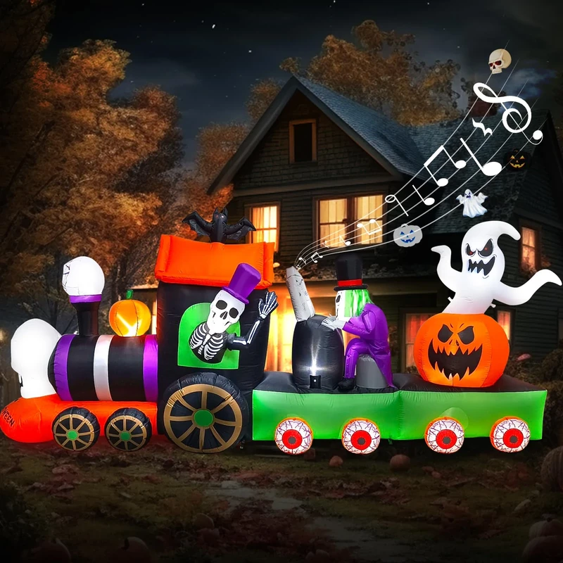 EBANKU Halloween Inflatable Decorations, 13Ft Blow Up Halloween Skeleton Ride Train Ghost Pumpkin with Horror Sound Build-in Lights for Halloween Outdoor Yard Lawn Decorations Party Supplies