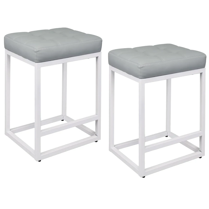 ErgoDesign 25 Inches Frame Bar Stools Set of 2, Fixed Height Metal Stools, Retro Leather Bar Chairs - Grey with White Frame