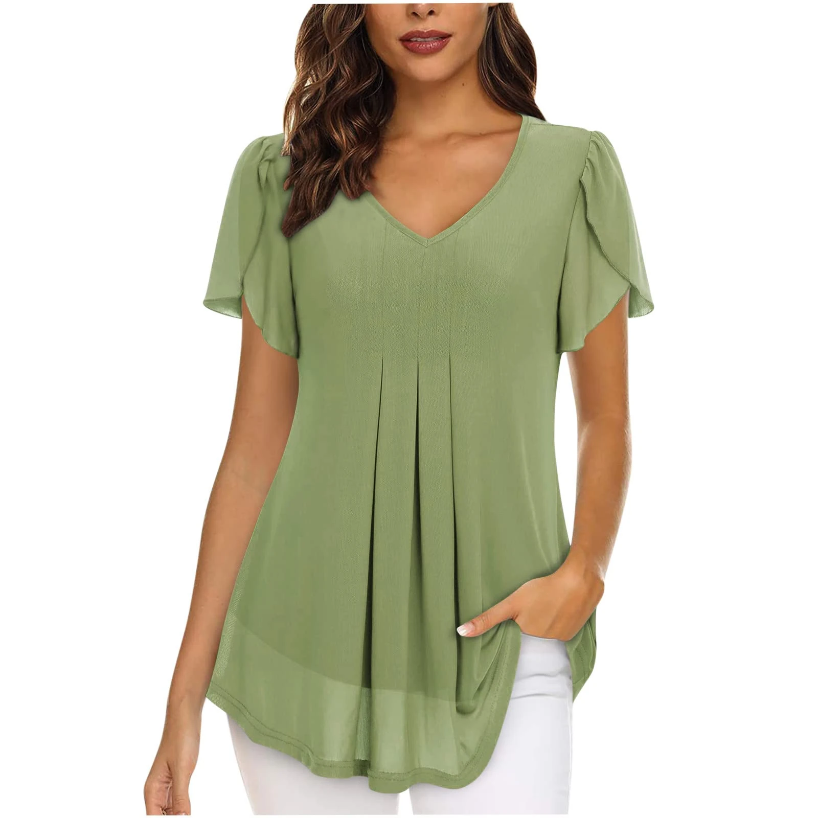 AMhomely Chiffon Tops for Women UK Elegant Blouses Casual V Neckline Tunics Tops Slit Short Sleeve Blouse T Shirts Solid Colour Black Shirts Pleated Longline Blouses with Lining XL