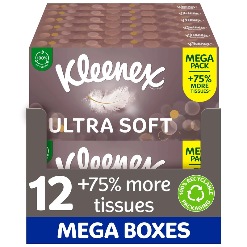 Kleenex® Ultra Soft Tissues Mega Pack - 1,344 Sheets (12 Boxes x 112 Sheets) -– Beautifully Soft and Silky Tissues