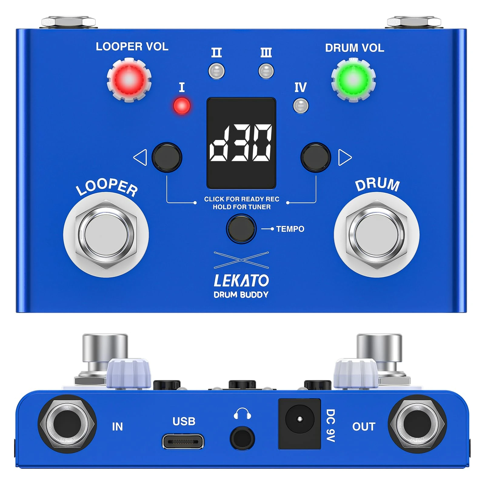 LEKATO Drum Looper Pedal with Tuner, 4-11 Minute Loops, App for Customizing Drum Grooves for Electric Guitar and Bass, Tap Tempo