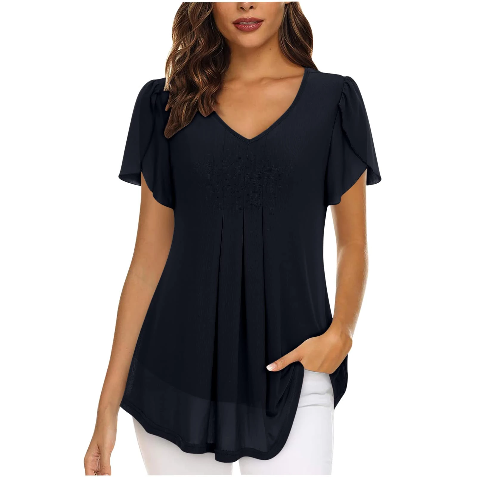 AMhomely Chiffon Tops for Women UK Elegant Blouses Casual V Neckline Tunics Tops Slit Short Sleeve Blouse T Shirts Solid Colour Black Shirts Pleated Longline Blouses with Lining, XL