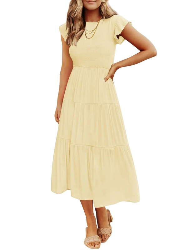 ZESICA, Women's Summer Casual Short Sleeve Ruffle Dress Round Neck Elastic Waist Ruched Tiered Dress for Women, Light Yellow, S - Image 1