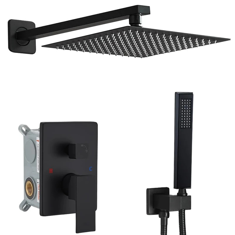 YCAIKOI Shower Faucet Set Complete, Wall Mount Shower System for Bathroom 12 Inch High-Pressure Rainfall Shower with Handheld, Rough-in Valve Body and Trim Kit, Matte Black