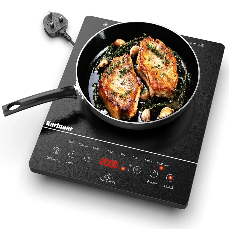 Karinear Portable Ceramic Hob for ALL Cookware, Pulg in Single Electric Hob with 4-Hour Timer, 9 Power Levels Up to 2000W, 8 Pre-set Functions Touch Sensor Control, Safety Lock