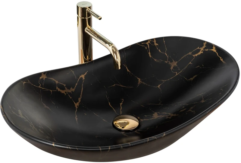 Rea REA-U7478 Bathroom Sink Made of Ceramic Stone imitation-REA-U7478, matt Black, Royal 60 Black Marble Mat 60,5 x 36 cm