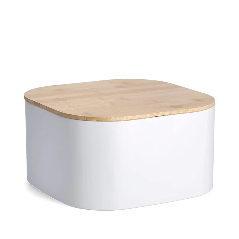 Zeller 25382 Bread Bin with Bamboo Lid, Metal, White, Approx. 26.5 x 26.5 x 14.5 cm, Bread Container, Bread Storage