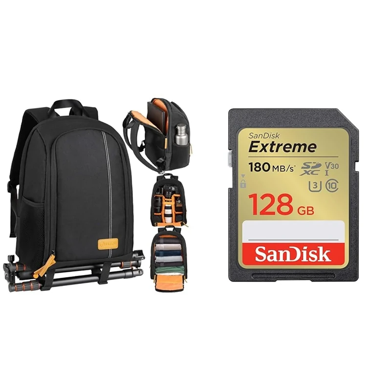 TARION Camera Backpack, Photography Backpack with Large Capacity, Padded Insert, 15'' Laptop & SanDisk 128GB Extreme SDXC card + RescuePro Deluxe up to 180 MB/s UHS-I Class 10 U3 V30