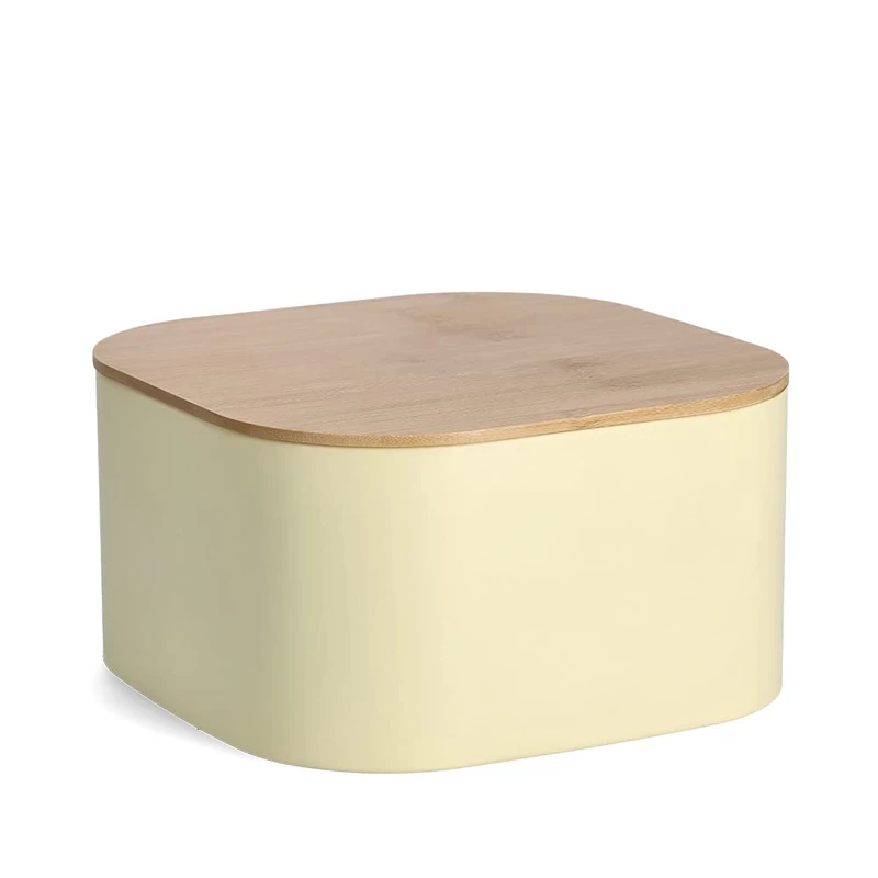 Zeller 25383 Bread Bin with Bamboo Lid, Metal, Yellow, Approx. 26.5 x 26.5 x 14.5 cm, Bread Box, Bread Storage