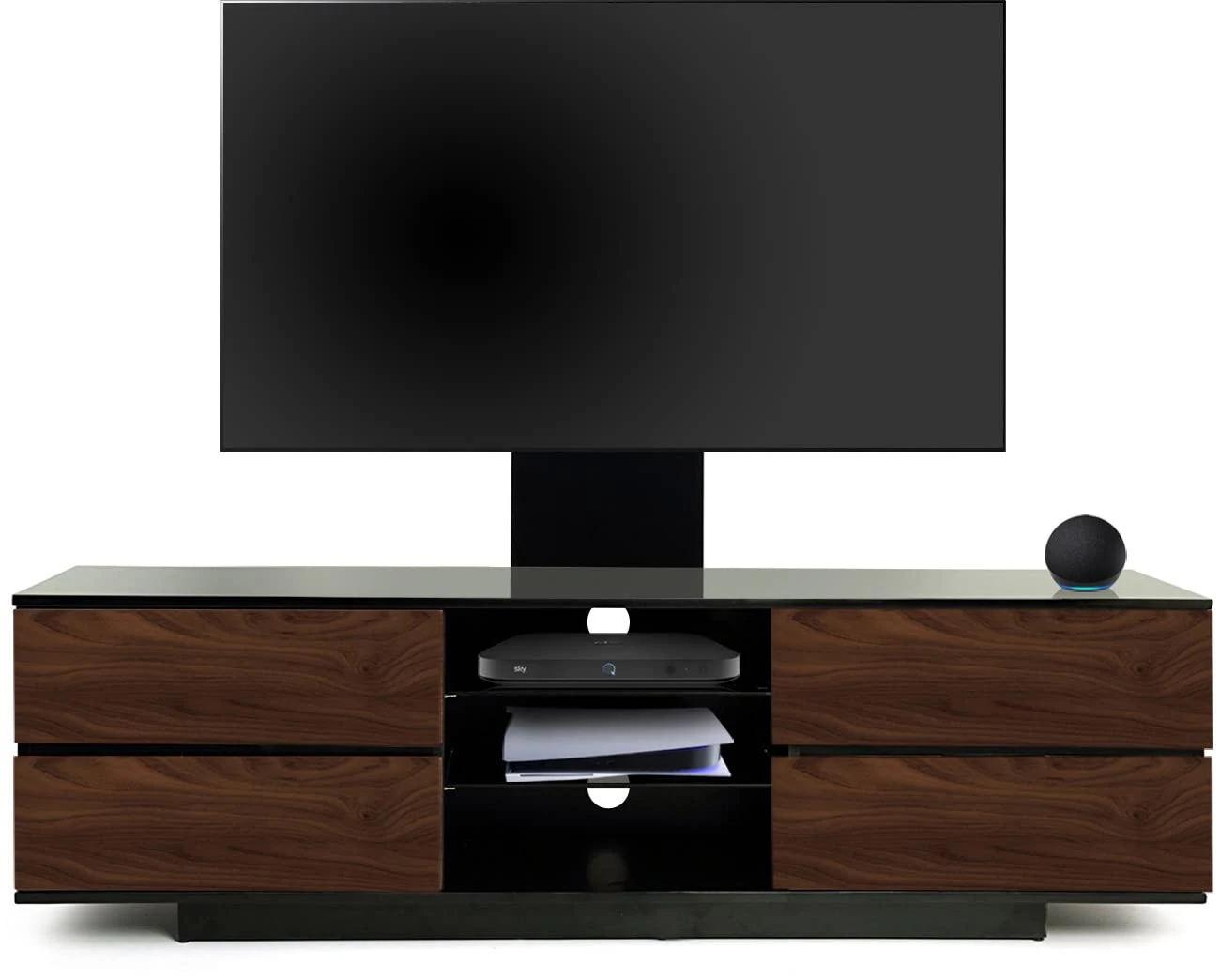 Homeology Avitus Gloss Black with 4-Walnut Drawers and 3-Shelves up to 65" LED/LCD/Plasma TV Stand with Mounting Arm