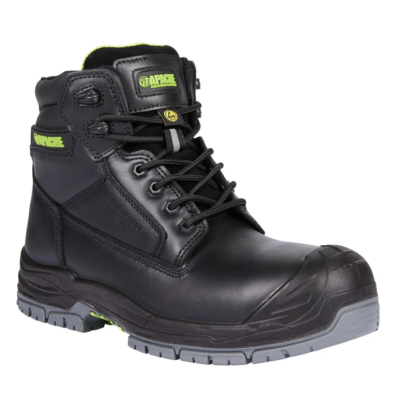 Apache Cranbrook Waterproof Safety Boot | Black Size 8 UK | 100% Non Metallic | ESD Safety Standards | Full Grain Leather | Durable Outsole