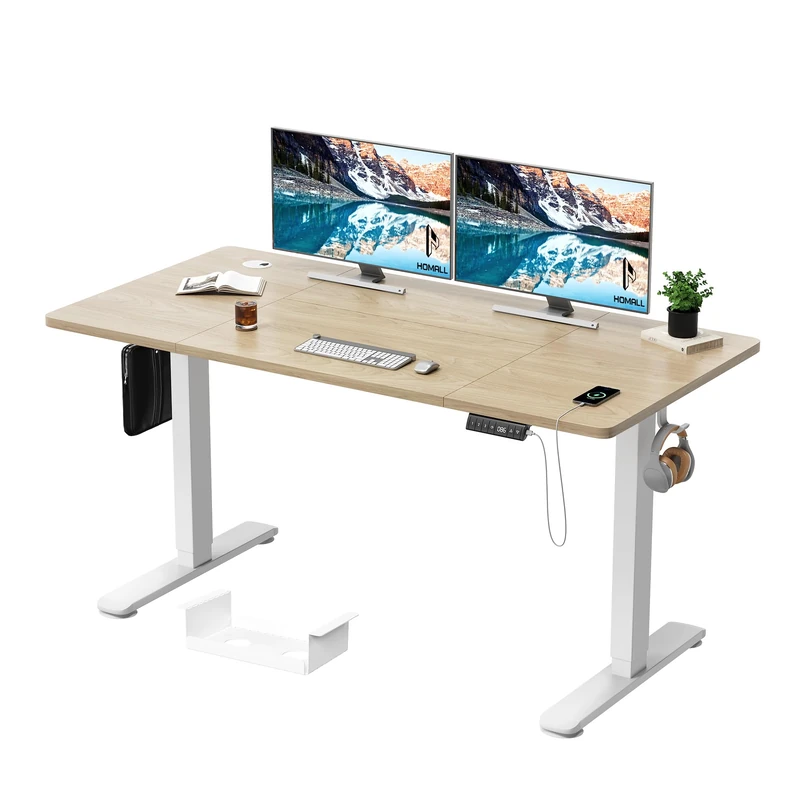 Homall Height Adjustable Electric Standing Desk 140x70cm with USB Charging Sit Stand Desk with Time Reminder Stand up Table 3 Memory Setting Electric Desks Wire Management Tray,Beige