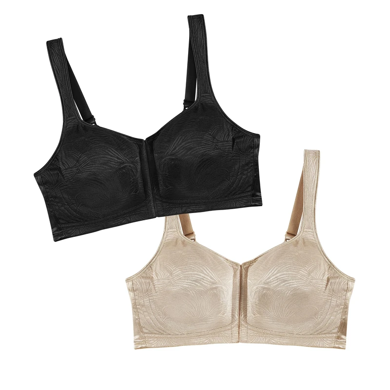 Playtex Women's 18 Hour E52E Front Close Extra Back Support Wireless Bra< Single or 2 Pack, Nude/Black, 2-Pack, 38B