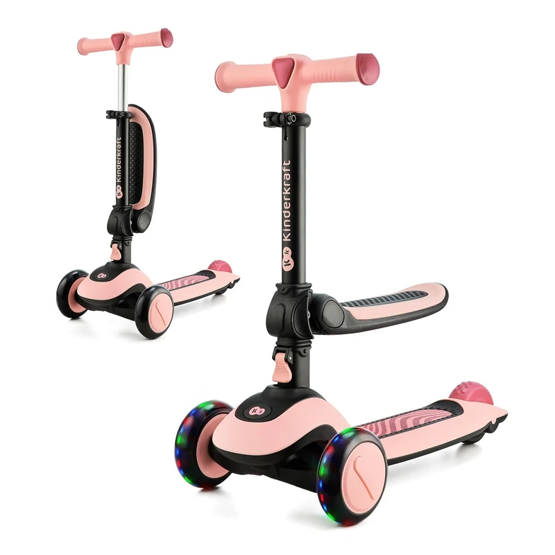 Kinderkraft HALLEY 2 in 1 Scooter for kids 1+ year old to 50 kg, 3 Wheel Scooter, Balance Bike, Easy folding, 2 Front flashing Wheels, Adjustable handlebar, Easy to handle weighs only 3 kg, Pink